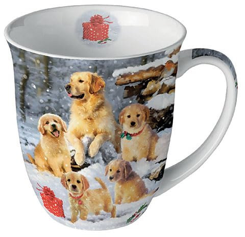 Ambiente Tasse en porcelaine d'environ 400 ml Tasse en porcelaine pour thé ou café Automne Hiver Noël Noël Golden Retriever Puppies