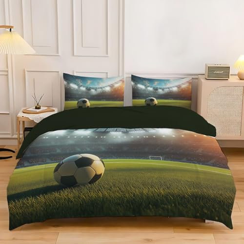 MULERN Completo Biancheria Da Letto Reversibile, Completo Copripiumino 140X200Cm,Campo Da Calcio 3 Pezzi Copripiumino Con Motivo Calcio, Incluso 1 Copripiumino E 2 Federe 50X75Cm