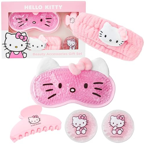 Hello Kitty Sanrio Cooling Eye Mask Beauty Accessories Set, Kawaii Claw Clip Skincare Headband Cooling Eye Pads, Pampering Anime Gifts for Women Teens (Pink Hello Kitty)