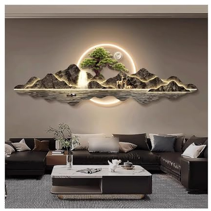 HTYUKFDG Wandskulptur, Landschaft, 3D-Wandkunst, Dekor mit LED-Licht, traditionelle orientalische Wandskulptur mit Baum und Berg, fließendes Wasser bringt Reichtum, Wandmalerei, Wandmalerei, Lampe