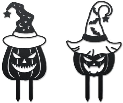 WADORN 2Pcs Halloween Pumpkin Metal Decorative Garden Stakes, Halloween Black Metal Yard Decoration Stakes Pumpkin Bat Silhouette with Witch Hat Garden Ornament Gifts for Outdoor Backyard Lawn Patio