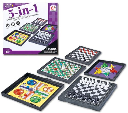 5 in 1 Chess Board Set, Board Mini Magnetic Chess, Traditional Fun Board, Have Snakes and Ladders, Ludo Games, Draughts, Checkers, Various Ways to Play for All People