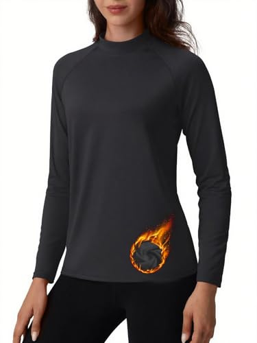 TACVASEN Maglietta Termica Donna Maglietta a Collo Rotondo T Shirt Funzionale Pullover Maniche Lunghe in Fleece Intimo Base Parte Superiore Nero, L