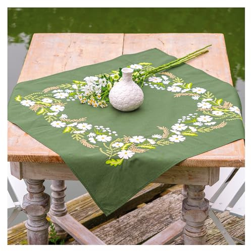 Tischdecke Plattstich Stickpackung Weiße Blumen, Stickbild gedruckt, 72x72cm