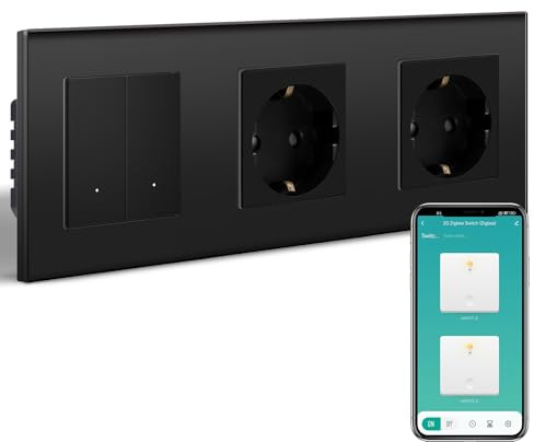 BSEEDLIFE Interruptor de luz inteligente Zigbee con enchufe estándar, interruptor táctil inteligente encastrado compatible con Alexa y Google Home, interruptor de pared de 2 vías*1+enchufe Schuko*2