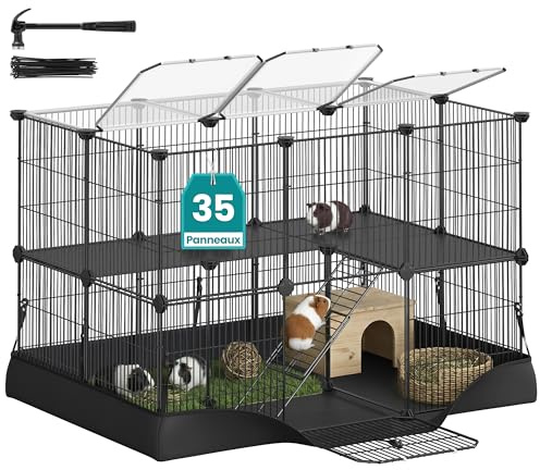 SONGMICS Recinto per Piccoli Animali a 2 Livelli, Parco Recinzione, Tappetino Impermeabile, Doppia Porta, per Conigli, Porcellini d’India, 35 Pannelli, 93 x 63 x 61,5 cm, Nero Inchiostro LPI016BH01