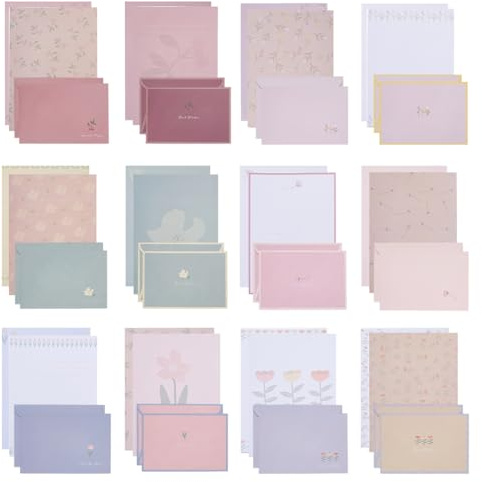 PLIGREAT 12 set di Cancelleria In Carta Floreale, 24 pezzo di Carta Da Cancelleria e 12 buste con Sigilli Autoadesivi, Adesivi, Ciondolo In Metallo, Nastro Bianco, Kit per Scrivere Lettere