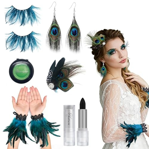 Pfauen Kostüm Damen, Schminke Pfau, Pfauenfedern mit Wimpern Pfau, Grüner Lippenstift, Lidschatten Grün, Kopfschmuck pfau, PfaU Accessoires Damen, zum Halloween Karneval Schminke