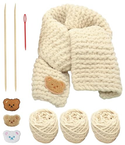 TAKONE Häkelset Kinder Anfänger Bärchen Schal DIY Kit mit Garn | DIY Häkelset, Bärchen-Schal, Garn & Anleitung, für Kinder & Anfänger, leicht