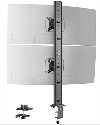 PEGZONE Monitor Halterung 2 Monitore für 17-34 Zoll Bildschirme | Vertikale Monitorhalterung übereinander, 12 Höhenstufen, bis 15 kg pro Arm, VESA 75/100, C-Klemme oder Durchsteckmontage