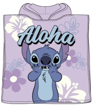 Sun City Disney Lilo & Stitch flickor barn badponcho med huva, hålla palmmotiv, strandhandduk snabbtorkande badhandduk 3–6 år 55 x 110 cm (lila)