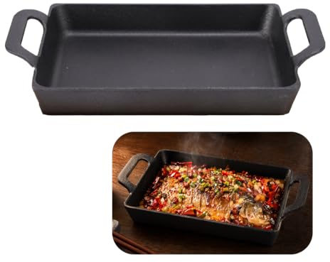 FARYODI Padella in ghisa a induzione, 24 x 17 cm, per bistecca per forno, barbecue a gas, griglia a carbonella, rettangolare con 2 manici, adatta per forno a induzione a gas, ceramica e campeggio