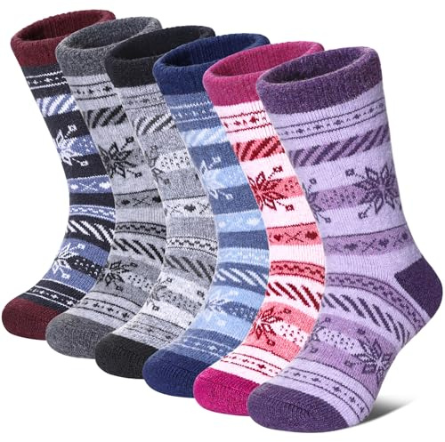 FNOVCO Kids Merino Wool Hiking Socks Toddlers Boys Girls Cozy Thermal Winter Thick Warm Crew Socks 6 Pairs (8-12 Years, Snowflake)