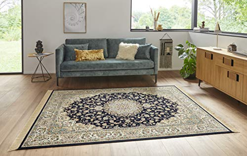 Nouristan Naveh Orient Teppich – Wohnzimmerteppich Orientalisch Kurzflor mit Fransen Vintage Orientalischer Samt-Teppich für Esszimmer, Wohnzimmer, Schlafzimmer – Dunkelblau Creme, 160x230cm