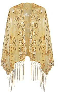 Coucoland 1920s Stola Damen Pfau Muster Retro Schal Umschlagtücher für Abendkleid Vintage Hochzeit Damen Schulter Bedeckung 20er Jahre Stil Gatsby Kostüm Accessoires (Gold)