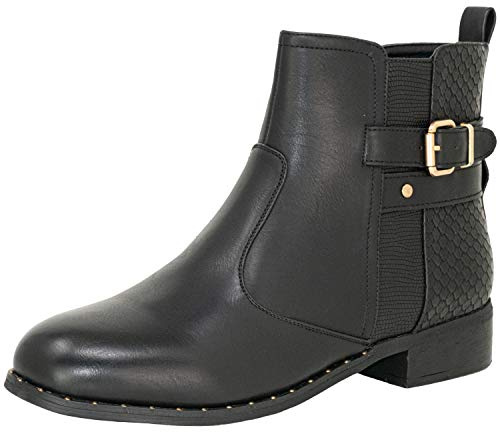 Fitters Footwear som passar kvinnor stövletter Sabrina PU-kängor med spänne och blockklack överdimensionerad (EU,), - svart - 43 EU