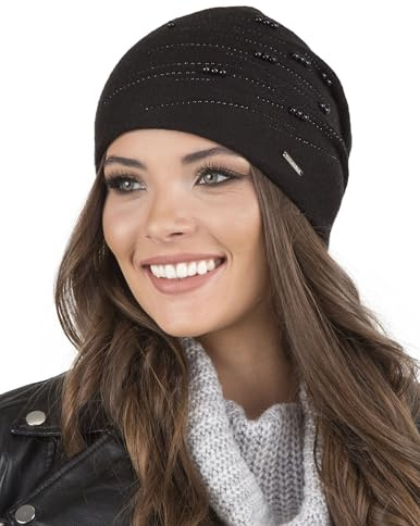 VIVISENCE Damen Mütze Strick Warm Fleece Zirkonia Perlen Elegant Winter 7012, Schwarz,Einheitsgröße