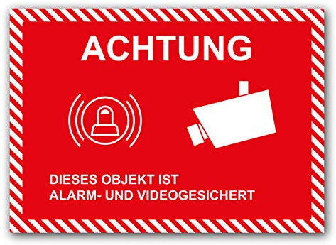 5 Stück Achtung dieses Objekt ist Alarm und Videogesichert Premium Aufkleber dieser Bereich wird videoüberwacht in A4 | 21 x 29,7cm Sticker mit UV Schutz für Außen-und Innenbereich