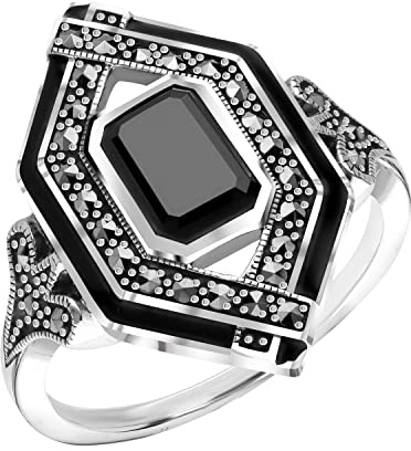 Esse Bague en marcassite Sterling Silver Black Spinel Marcasite & Black Enamel Art Deco Ring, Gemma, Moulinet Marcasite