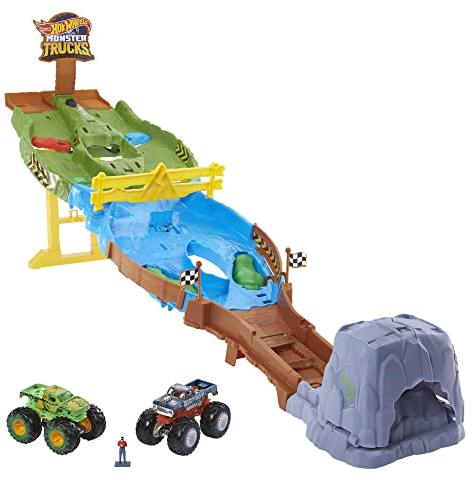 Hot Wheels HGV12 - Monster Trucks Wettkampf-Rennstrecke, Spielset mit den 2 Monster Trucks Bigfoot und Gunkster für spannende Auto-Rennen, Spielzeug für Kinder ab 4 Jahren