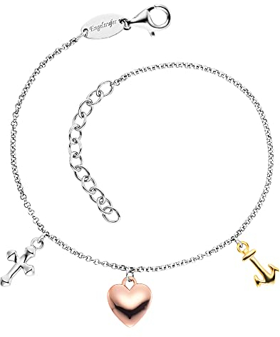 Engelsrufer Damen Armband aus Sterling Silber und drei Anhängern Tricolor - Kreuz Herz Anker - Karabinerverschluss - längenverstellbar - nickelfrei