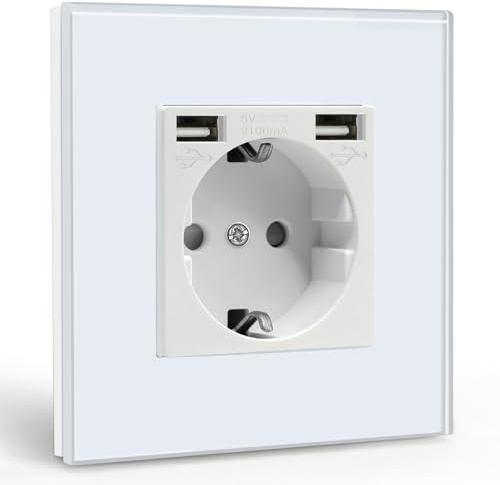 BSEED USB Wandsteckdose Weiß Schuko Steckdose mit USB Anschluss (Max. 2.1A) Unterputz Steckdose Glas Schutzkontaktsteckdose Ladegerät für Handys, Laptops etc