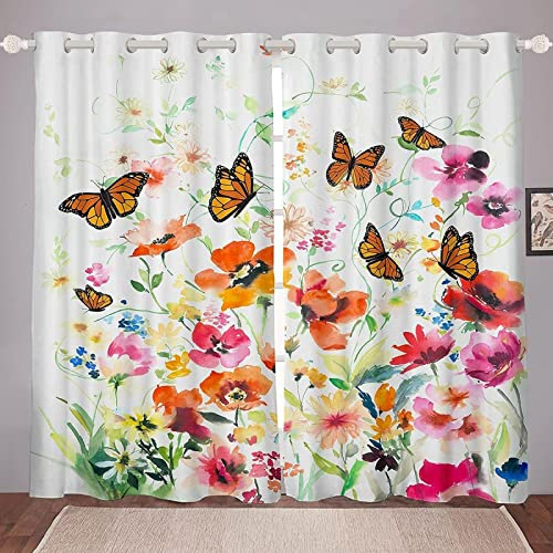 MTBDyyds Verdunkelungsvorhänge 3D Drucken 270X245Cm Bunt Blumen Schmetterlinge Verdunklungsvorhänge Kinderzimmer 2 Stück Vorhang Blickdicht Ösenschal Kindergardinen Junge Verdunklungsgardine
