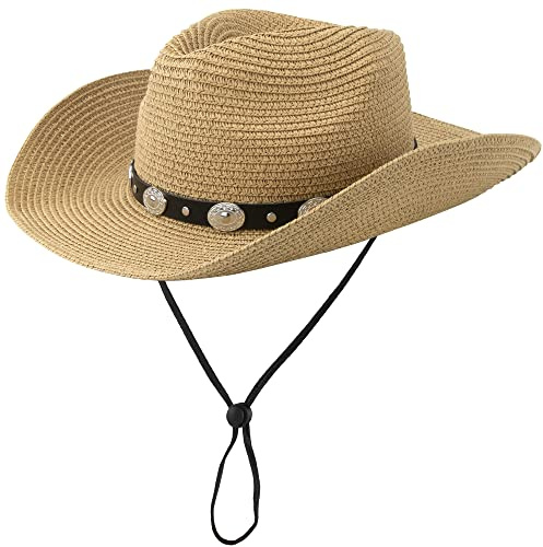 Mealah Straw Cowboy Hat for Women Men Western Sun Hat Wide Brim Summer Belt Cowgirl Hats(M-L)