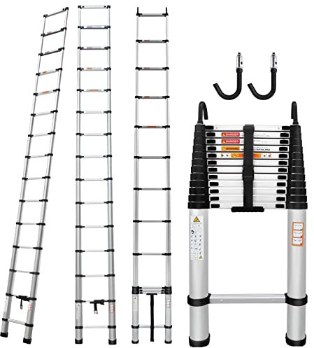 Vicky Home 4M/14.4FT Portable Aluminum Telescopic Ladder, Folding Extension Ladder with Hooks for Household Outdoor Working, Multi Purpose Extendable Loft Ladder Portable Folding Ladder
