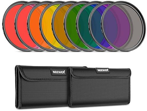 Neewer - Filtro de Colores de Resina de 55 mm con Rojo, Naranja, Azul, Amarillo, Verde, marrón, púrpura, Rosa, Gris Disponible con 2 Fundas para Lentes de cámara (9 Unidades)