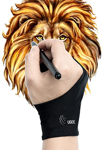 Ugee 2 Guantes de Dibujante Gráfico Diestro Zurdo, Guantes de Dibujo Antifouling, Guantes de Dibujo de Dos Dedos, Negro, Talla M