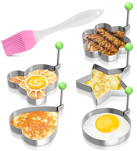 5 Pcs Pancake Mold Set – Stainless Steel Pancake Molds for Griddle with Fun Shapes, Comfortable Handles, and Non-Slip Design – Egg Shaper for Frying Pan with Silicone Brush for Easy Use & Cleaning