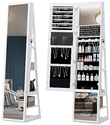 Hzuaneri Schmuckschränke, mit 360° drehbarem Sockel, abschließbarem Spiegel in voller Länge, Schmuckschrank Spiegel，Schmuckaufbewahrung,Großen 4-stufigen Ablagefächern, Weiß und Schwarz JC16003B