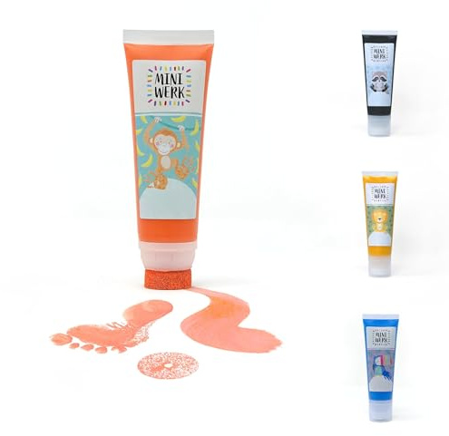 Miniwerk Malfarbe Orange mit Schwammaufsatz auf Basis natürlicher Rohstoffe, schadstofffrei wie Fingerfarbe - Fußabdruck Baby, Stempel Kinder - Erinnerung und Dekoration für Baby- & Kleinkinderzimmer