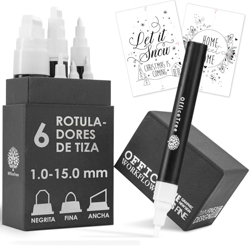 OfficeTree 6x Kreidemarker Weiss - 1mm bis 15mm wechselbare Spitzen - Kreidestifte für Tafel abwaschbar weiß - Kreidemarker Fenster - Kreidestift Weiß - Weiße Kreidestifte für Fenster inkl Vorlagen