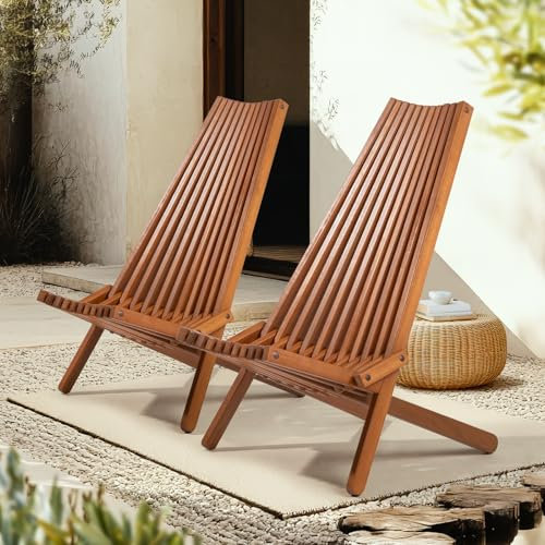 IDZO Tamarack Klappbare Holzstühle von Adirondack für den Außenbereich, stilvoll, niedriges Profil, Loungesessel für Terrasse, Veranda, Rasen, Garten, Farbe, 2 Stück, Elina, naturfarben – Paar