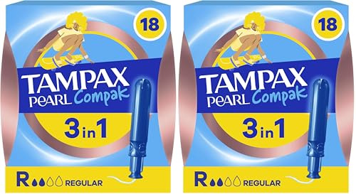 Tampax Compak Pearl, Régulier, 18 Tampons Avec Applicateur, Flux Légers à Moyens, Triple Confort avec Applicateur doux, MotionFit, Voile Douceur, Certifié Oeko-Tex (Lot de 2)
