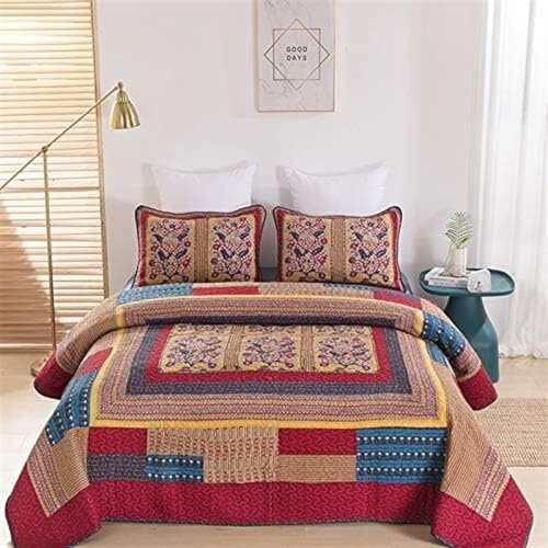 3-teilige Patchwork-Tagesdecke, handgefertigt, Patchwork, blau, orange, Bedruckt, Baumwolle, Tagesdecke, Tagesdecke, King-Size-Wendebettdecke, Set für alle Jahreszeiten (Größe: 230 x 250 cm + 2 Stück