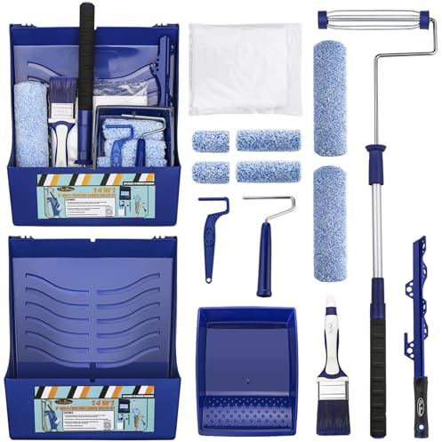 PinStone 15pcs Paint Roller Kit - 12 Ladder Paint Tray, 9 Extendable Paint Roller (18-36 Inch), 4 2 Mini Roller Frame with Microfiber Covers, Large Paint Kit for Painting Walls, Ceilings, Floors
