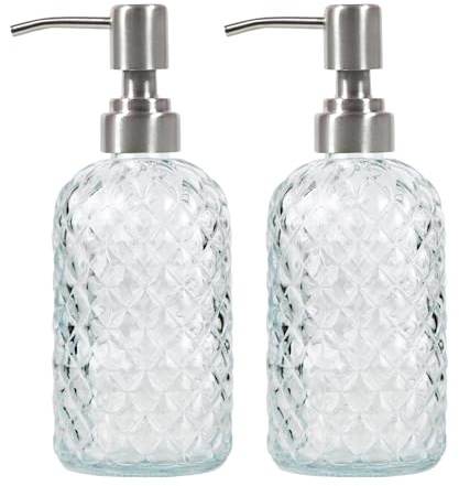 Funly mee Bathroom & Kitchen Glass Hand and Dish Soap Dispenser with 304 Rustproof Stainless Steel Pump (Clear-2pack)