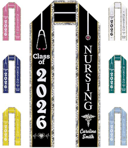 CafeTime Custom Class of 2026 Nursing Graduation Stole Nurse BSN RN Sash Congratulation Gifts, Personalized Nursing Sash Honor Stoles for University, 31 Colors