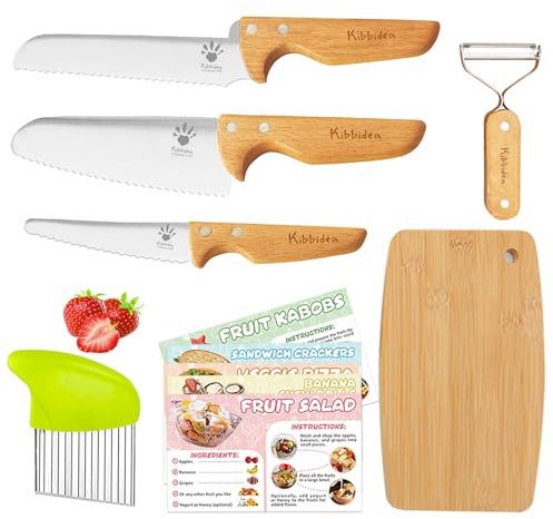 Kibbidea Kindermesser 7 teiliges Kinder Sicherheit Küchenmesser Set, Edelstahl, zum Schneiden Kochen von Obst oder Gemüse, Kochmesser, Obstmesser, Schäler, Messer Set für Kinder ab 3-jährige