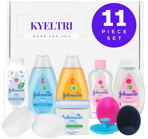 Baby Bath Set bundled with Johnson's Toiletries and Kyeltri Silicone Brushes for Cradle Cap and Massage with Sponges
