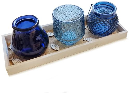 Logbuch-Verlag Holz Kerzen Tablett mit 3 verschiedenen blauen Teelichtgläsern mit Sand und Fischen im maritimen Stil