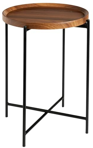 AAMEN Folding Side Table With Removable Wood Tray - Metal End Table For Living Room Bedroom Balcony Office Decoration - Round Coffee Table - Bed Side Table - Sofa Side Table, (37.5x47.5cm)