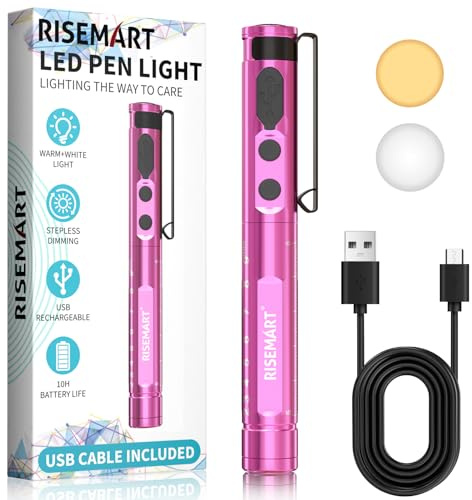 Rechargeable Pen Torch, RISEMART LED Pen Light with Warm/Cool White & Stepless Dimmable, Pupil Gauge Penlight for Nurses Doctors Paramedic EMT Emergency (Rose Pink)