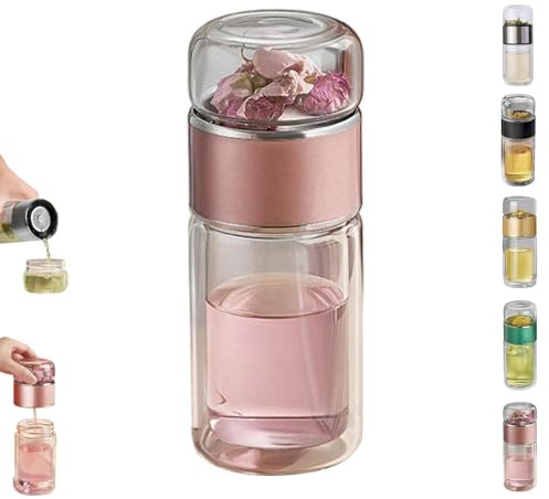 2025 Neue Glas-Tee-Infuser-Flasche mit wärmeisolierter, tragbarer Teetasse mit Wassertrennung für losen Tee, Infusifie-Tee-Infuser, leichter tragbarer Reise-Teebereiter mit Teefilter (Rose Gold,350ml)