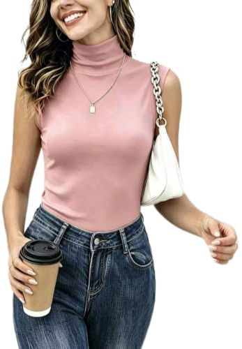 Ärmlös tröja med polokrage för dam modern tight t-shirt med hög krage bekväm undertröja basic ull topp topp vintage chic vinter höst vår, rosa, L