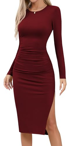 Missufe Damen Langarm Midikleid Strickkleid Bodycon Freizeitkleid mit Schlitz Enges Bleistiftkleid Figurbetontes Gerafftes Kleider (Weinrot, Large)