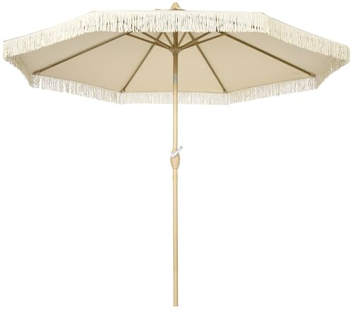 Outsunny Ombrellone da Giardino 2.6x2.4 m Inclinabile a 3 Livelli con Frange, Ombrellone da Terrazza con Manovella e Palo a 2 Sezioni, Ombrellone da Esterno a 8 Stecche in Poliestere, Crema